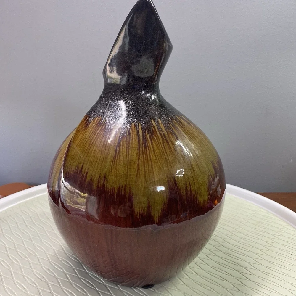 Ceramic Red/Yellow&Gunmetal Vase With Unique Shaped Rim 10.75